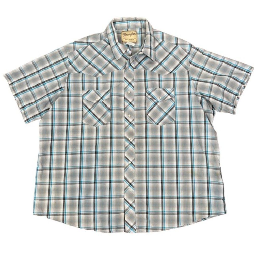 Wrangler Western Fashion Pearl Snap Shirt Men's Gray Teal Plaid 2 pocket 2XL